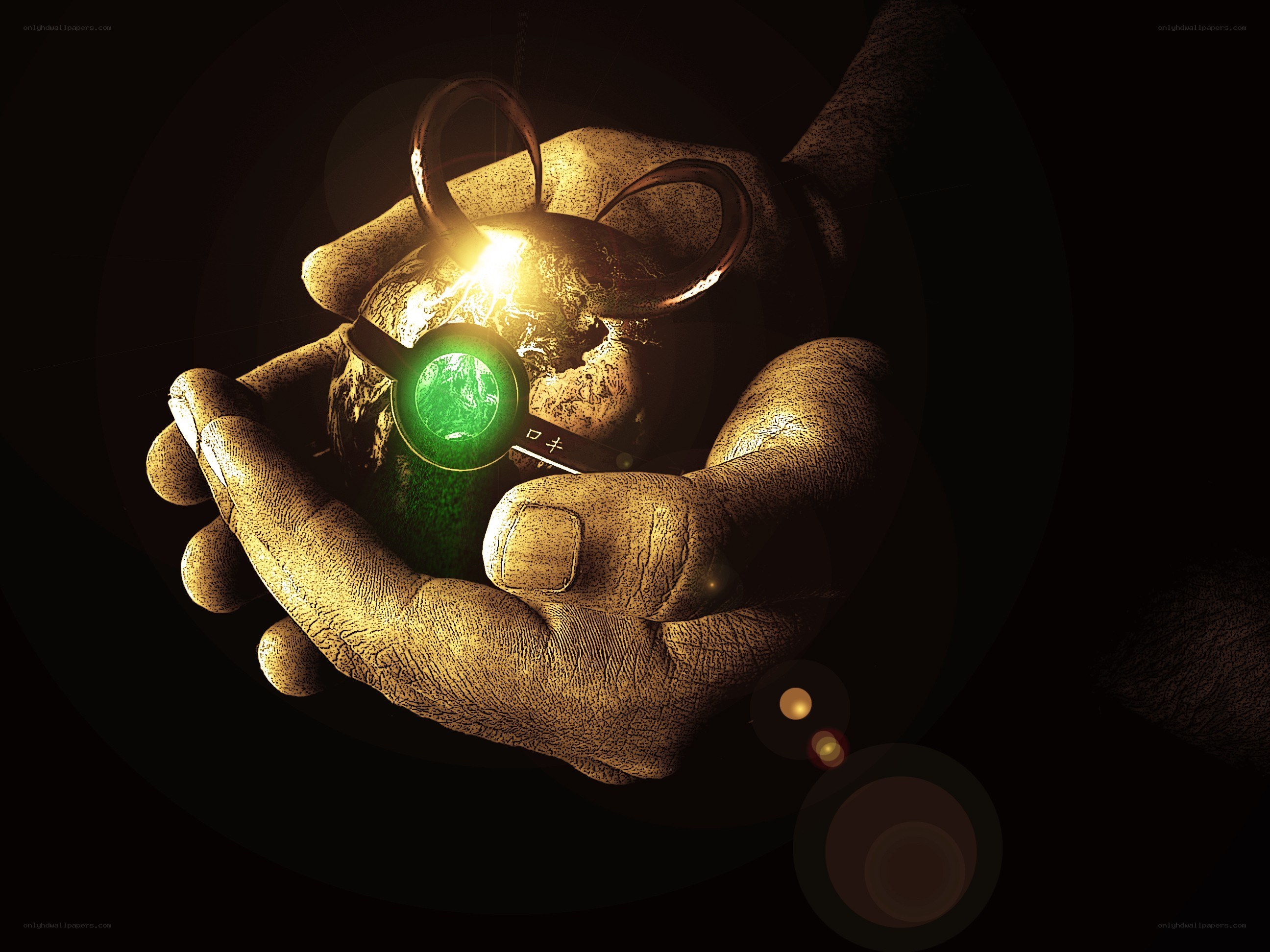 hands holding glowing green device