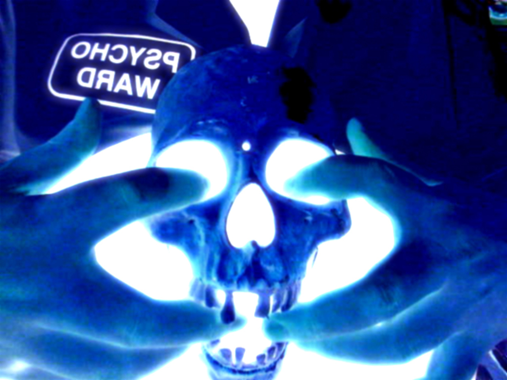 hands holding glowing skull