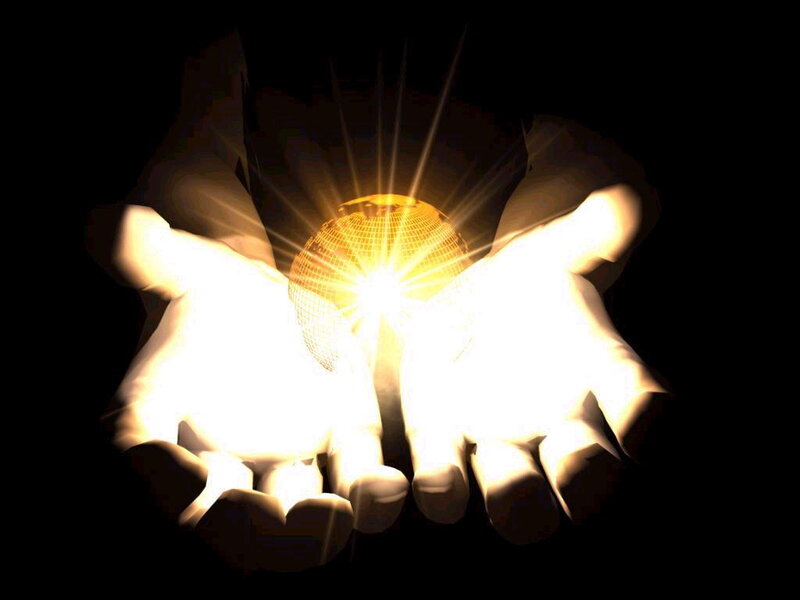 Hands Holding Glowing Sphere — Black, Dramatic