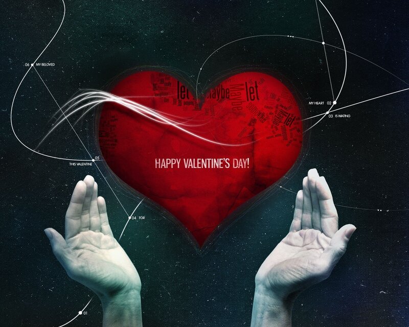 Hands Holding Heart — Red, Romantic, Night, Digital Art