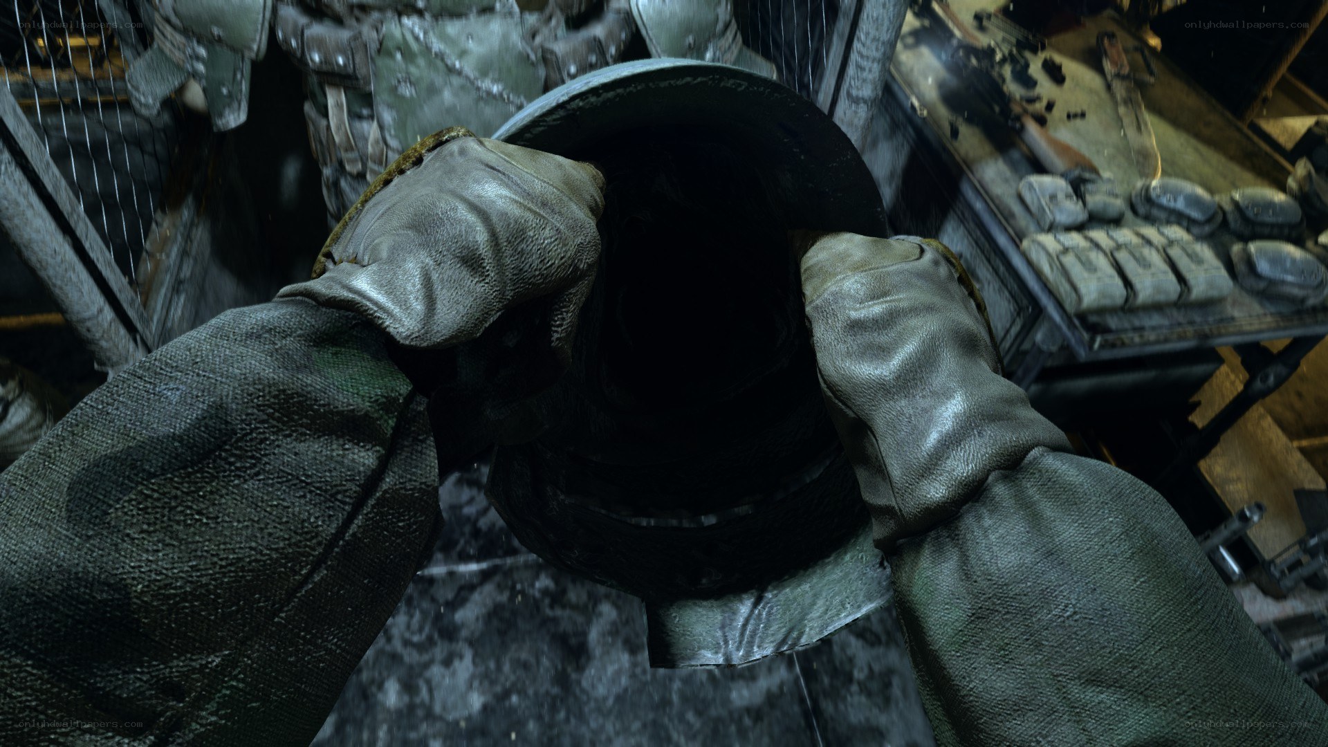 hands holding helmet in game