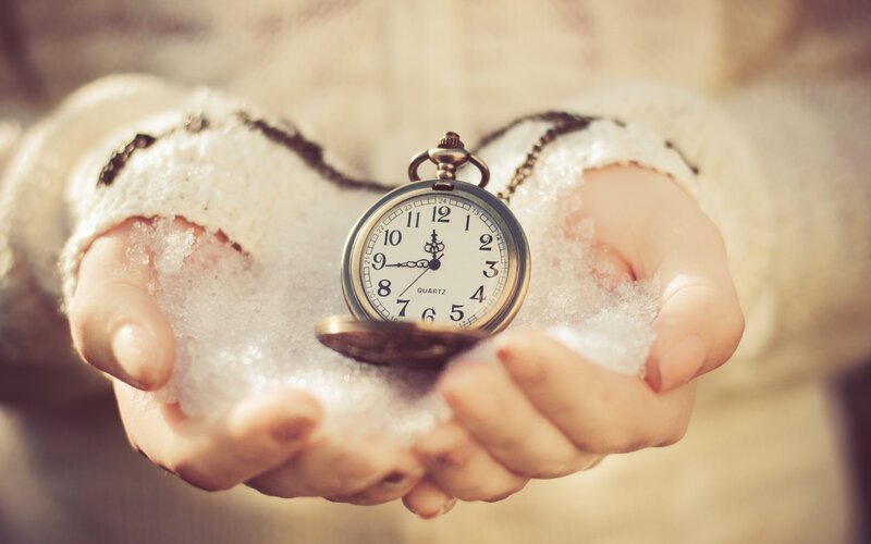 Hands Holding Pocket Watch — White, Calm, Winter
