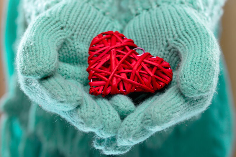 Hands Holding Red Heart — Calm, Photograph, Gloves
