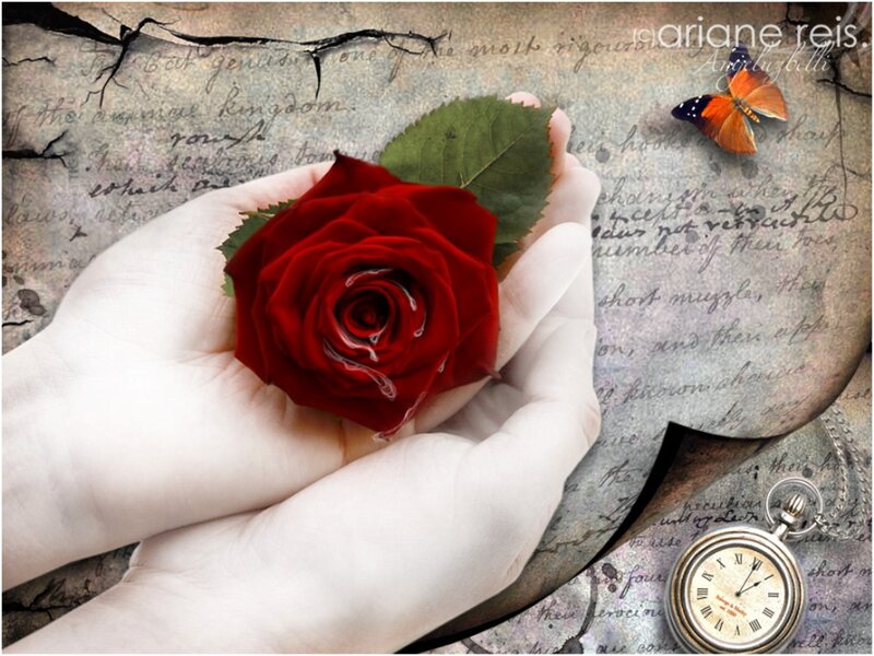 Hands Holding Red Rose — Dramatic, Digital Art, Butterfly