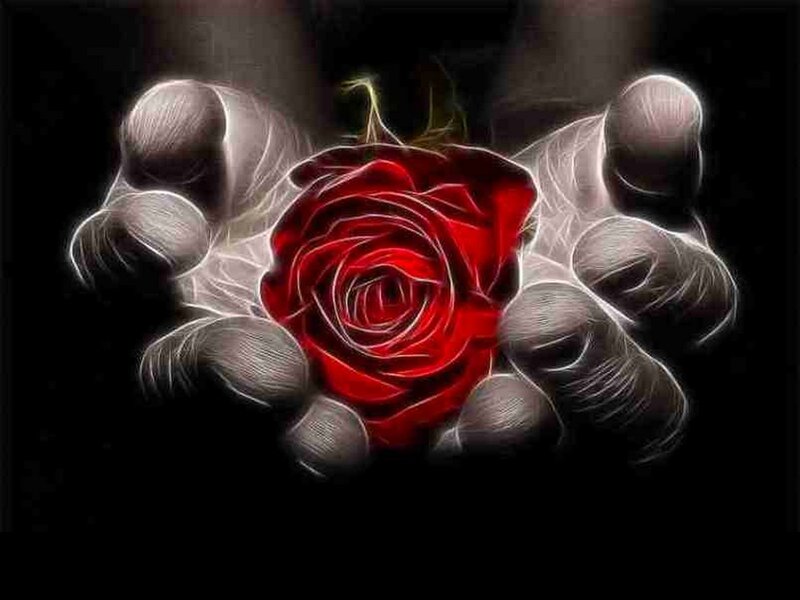 Hands Holding Red Rose — Dramatic, Digital Art, Dark Background, Black