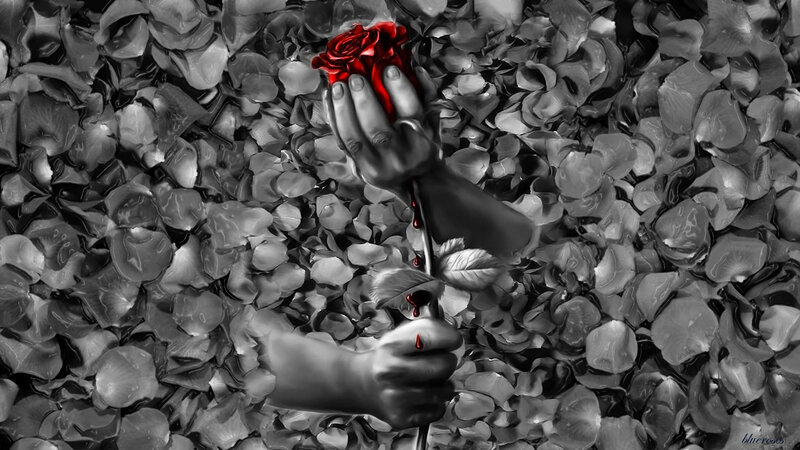 Hands Holding Red Rose — Dramatic, Digital Art, Petals