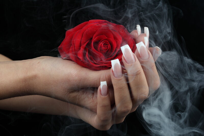 Hands Holding Red Rose — Dramatic, Photograph