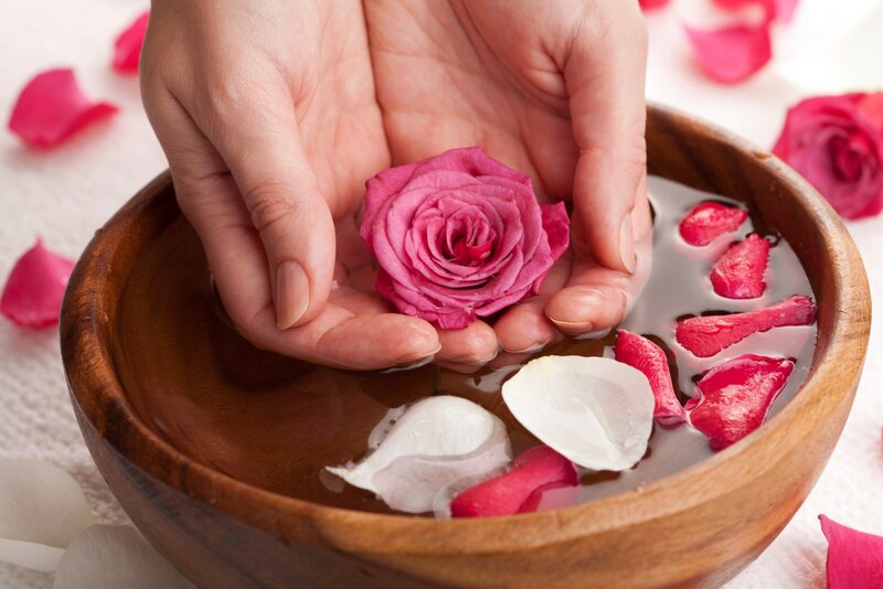 Hands Holding Rose in Bowl