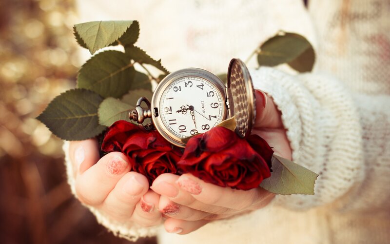 Hands Holding Roses and Pocket Watch — Red