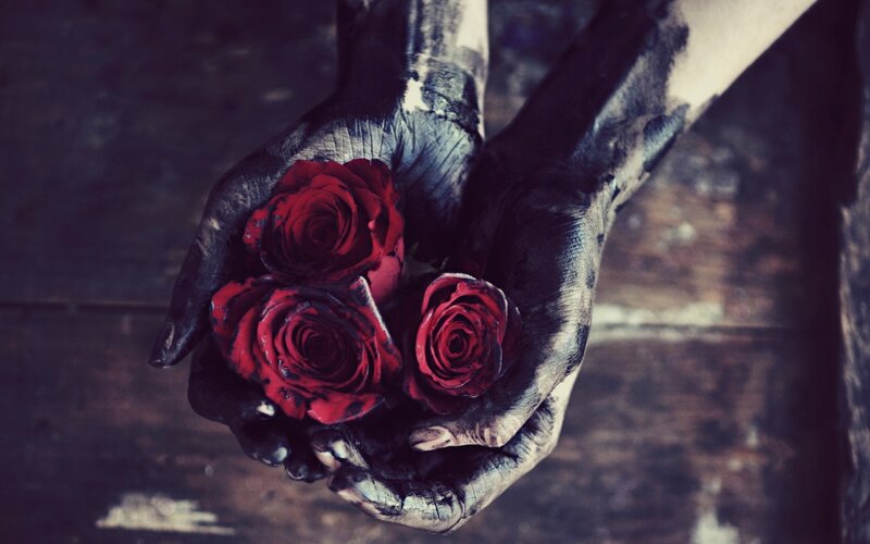 Hands Holding Roses — Red, Dramatic, Photograph, Wooden Surface