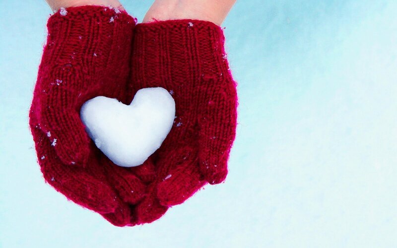 Hands Holding Snow Heart — Red, Calm, Winter, Photograph, Gloves, White