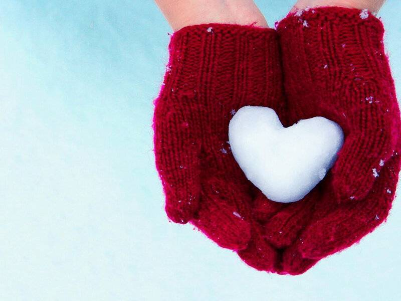 Hands Holding Snow Heart — Red