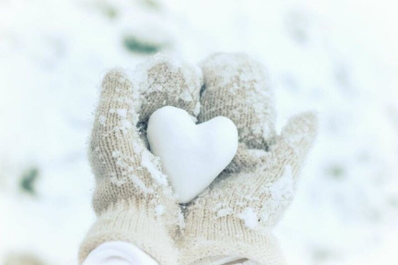 Hands Holding Snow Heart — White, Calm, Winter, Photograph, Gloves