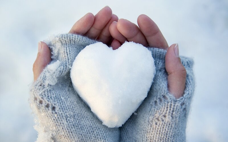 Hands Holding Snow Heart — White, Calm, Winter, Photograph, Mittens, Gray