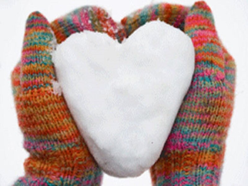 Hands Holding Snow Heart — White, Calm, Winter, Photograph, Mittens