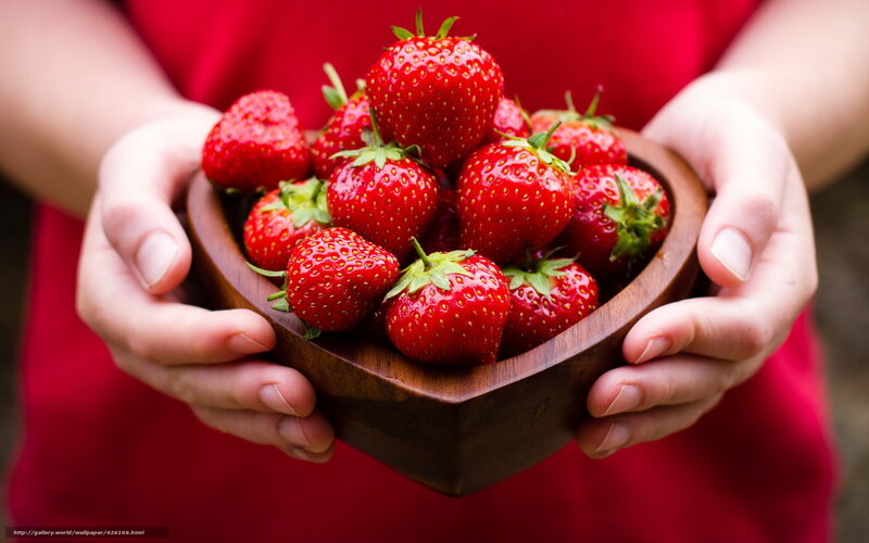 Hands Holding Strawberries — Red, Calm, Photograph, Wooden Bowl