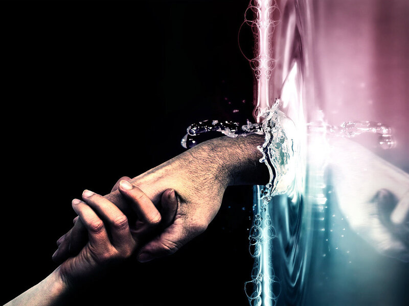 Hands Holding Underwater — Black, Dramatic, Digital Art, Hand