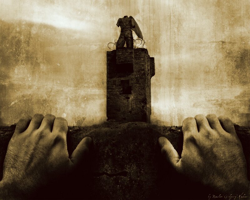 Hands on a wall with statue