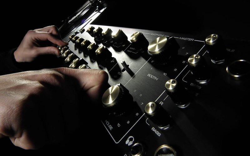 Hands on Audio Mixer — Black, Dramatic, Photograph