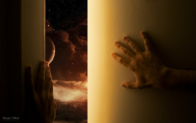 Hands Opening Door to Space