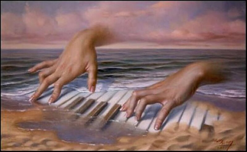 Hands Playing Piano Keys — Blue