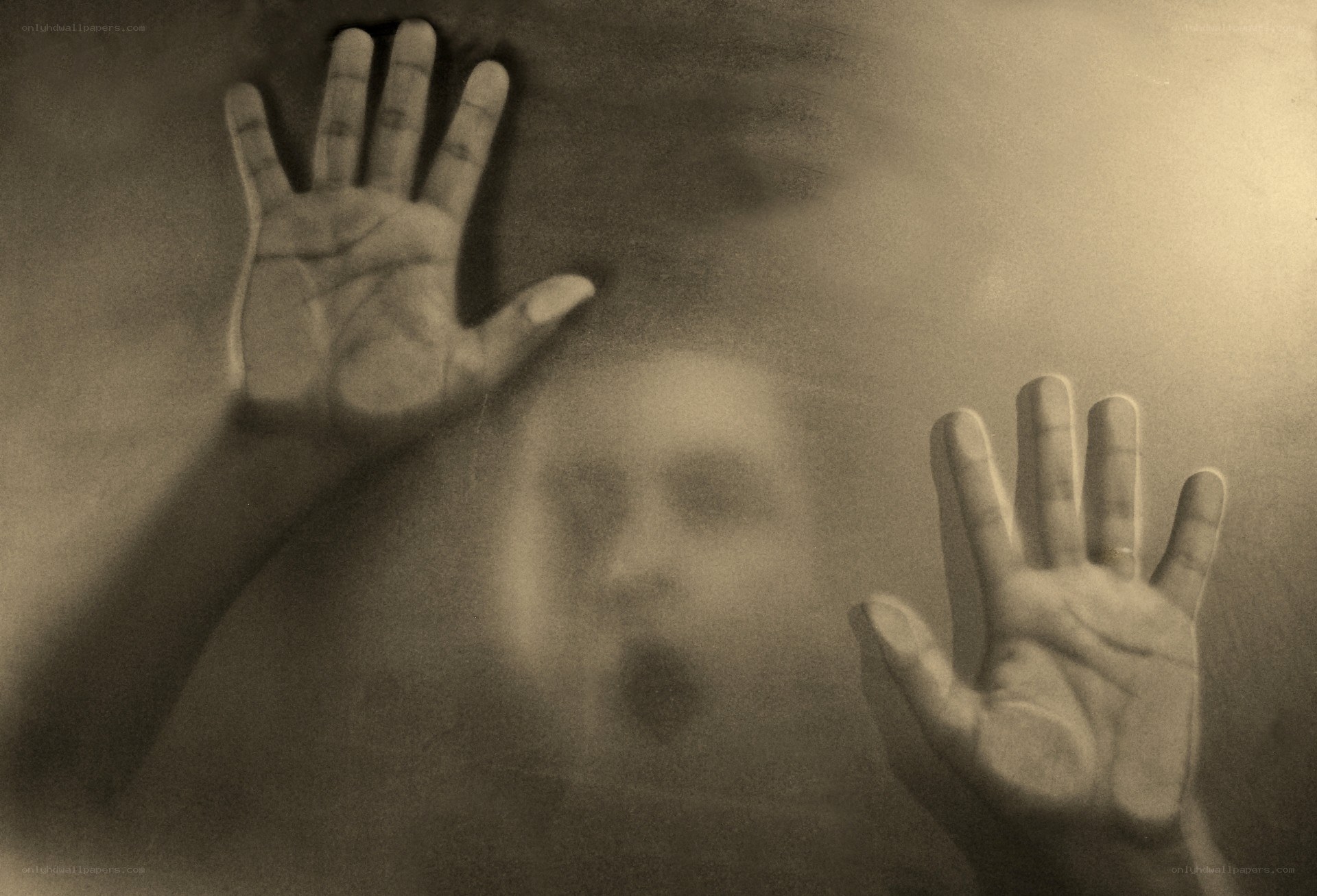 hands pressed against glass