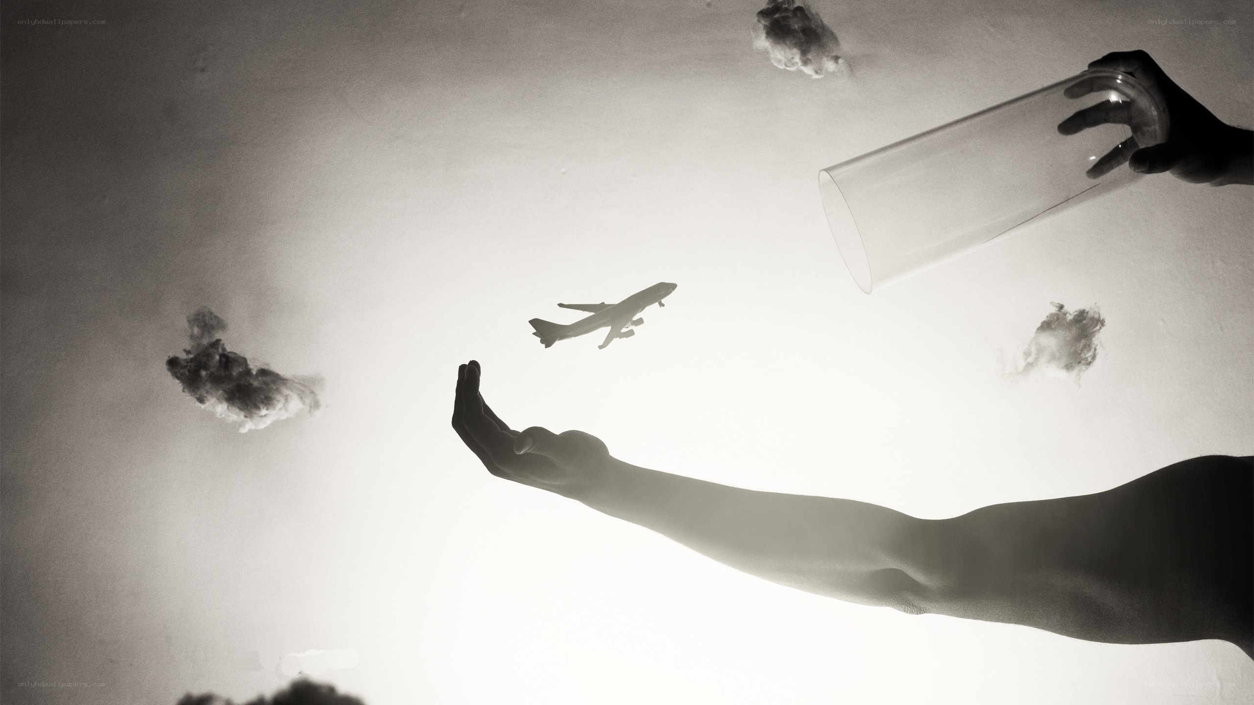 Hands reaching for a plane