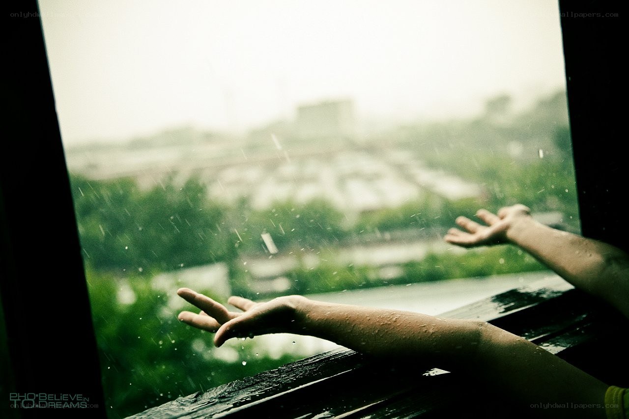 Hands reaching out in the rain