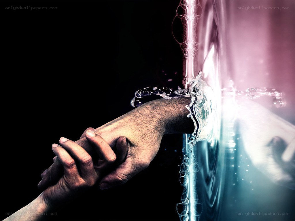 hands reaching through water