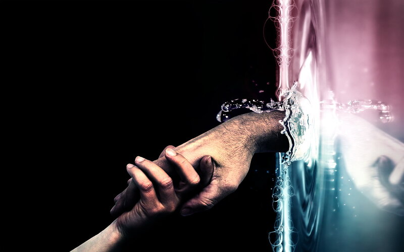 hands reaching through water