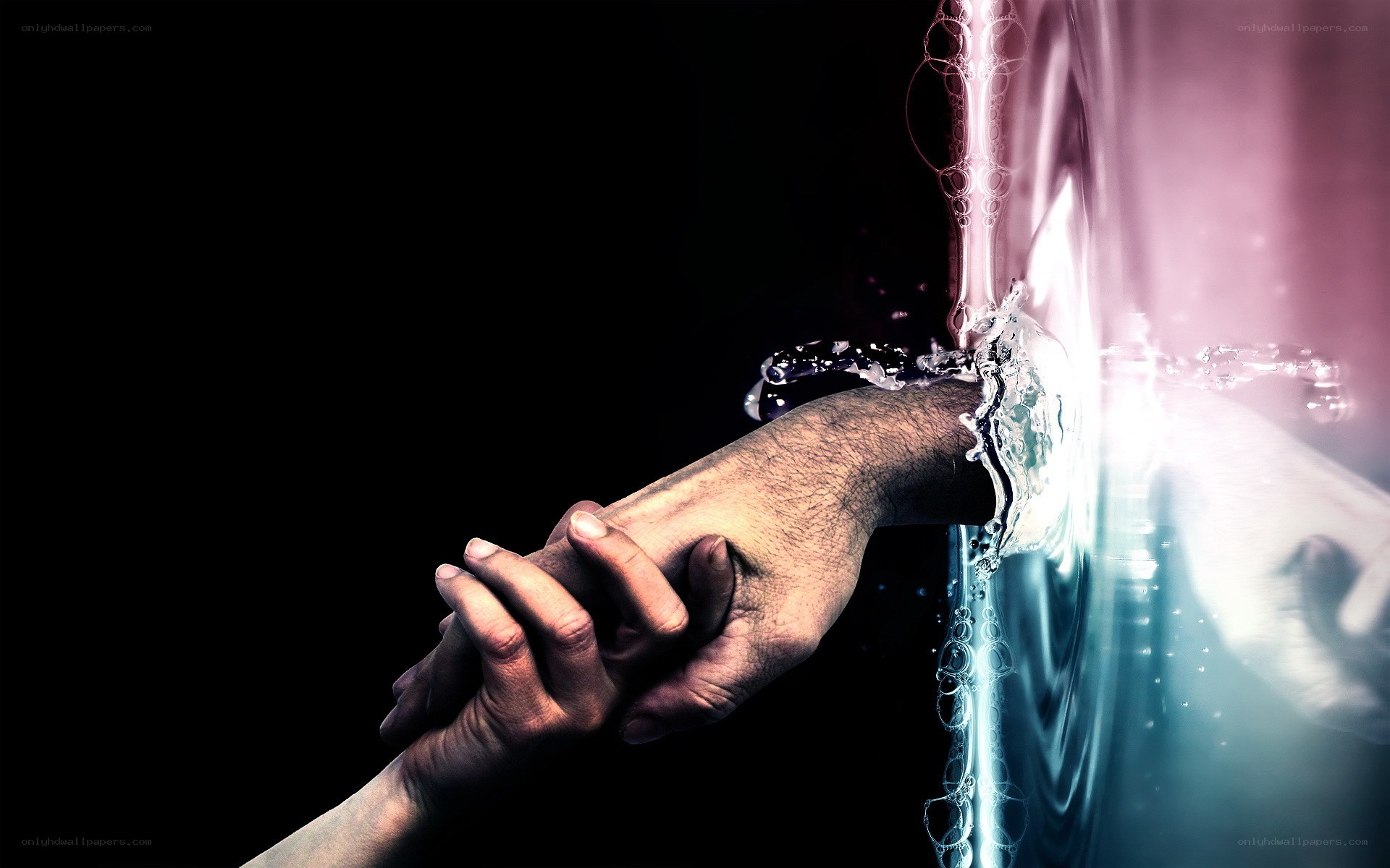 hands reaching through water