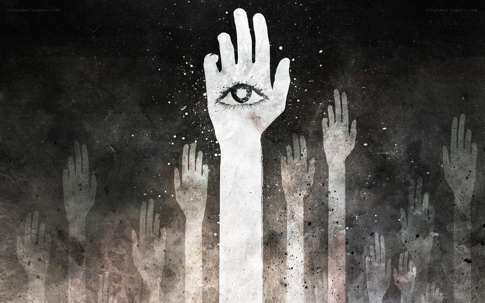 Hands reaching with eye symbol