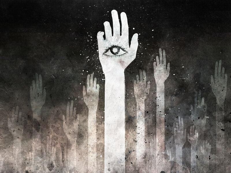 Hands reaching with eye symbol
