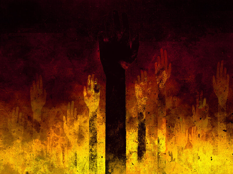 hands rising from fire