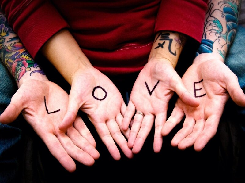 Hands Spelling Love — Red, Calm, Photograph, Tattoos, Ring, Skin Tone
