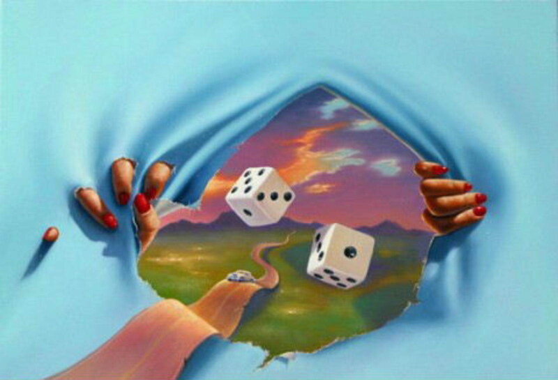 Hands tearing fabric to reveal dice
