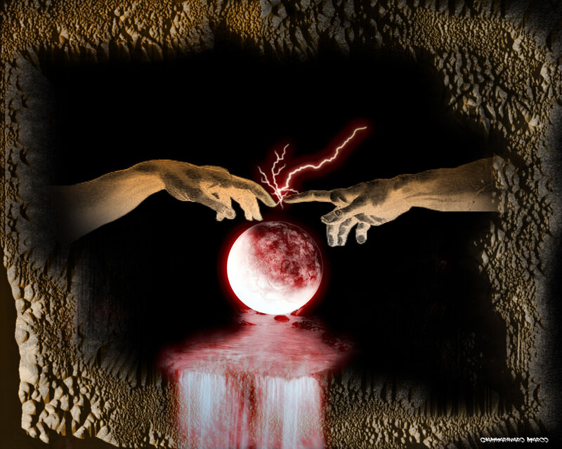 Hands touching over red moon