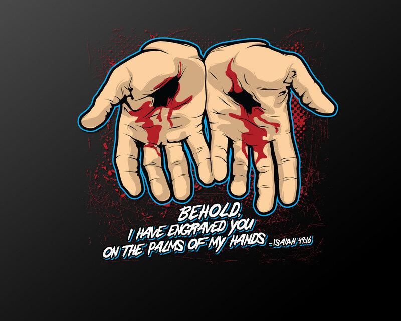 Hands with blood and scripture