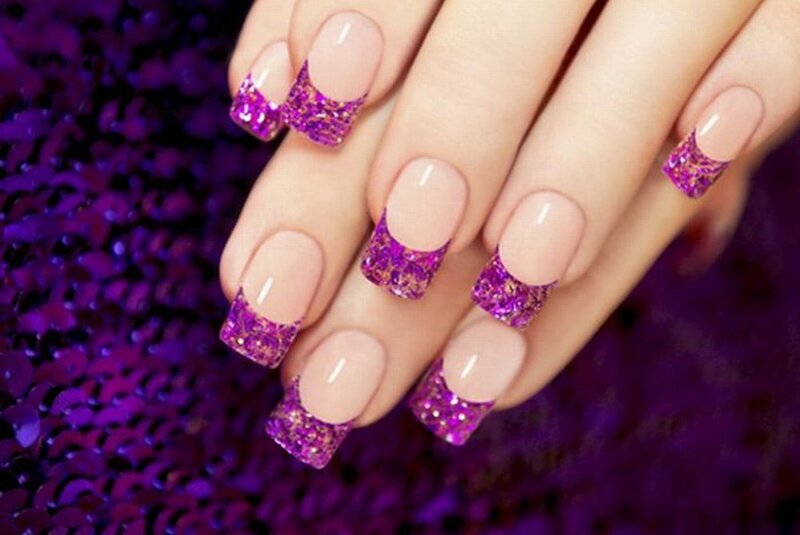 Hands with Purple Glitter Nails