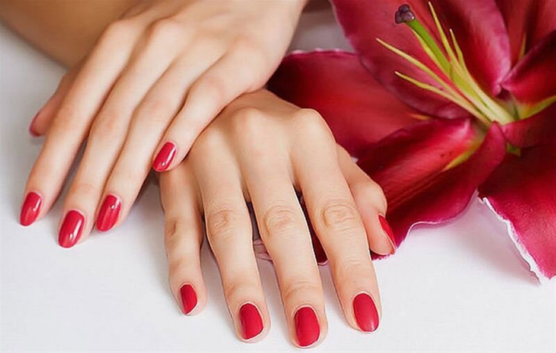 Hands with Red Nails — Calm, Photograph, Lily Flower, White Surface