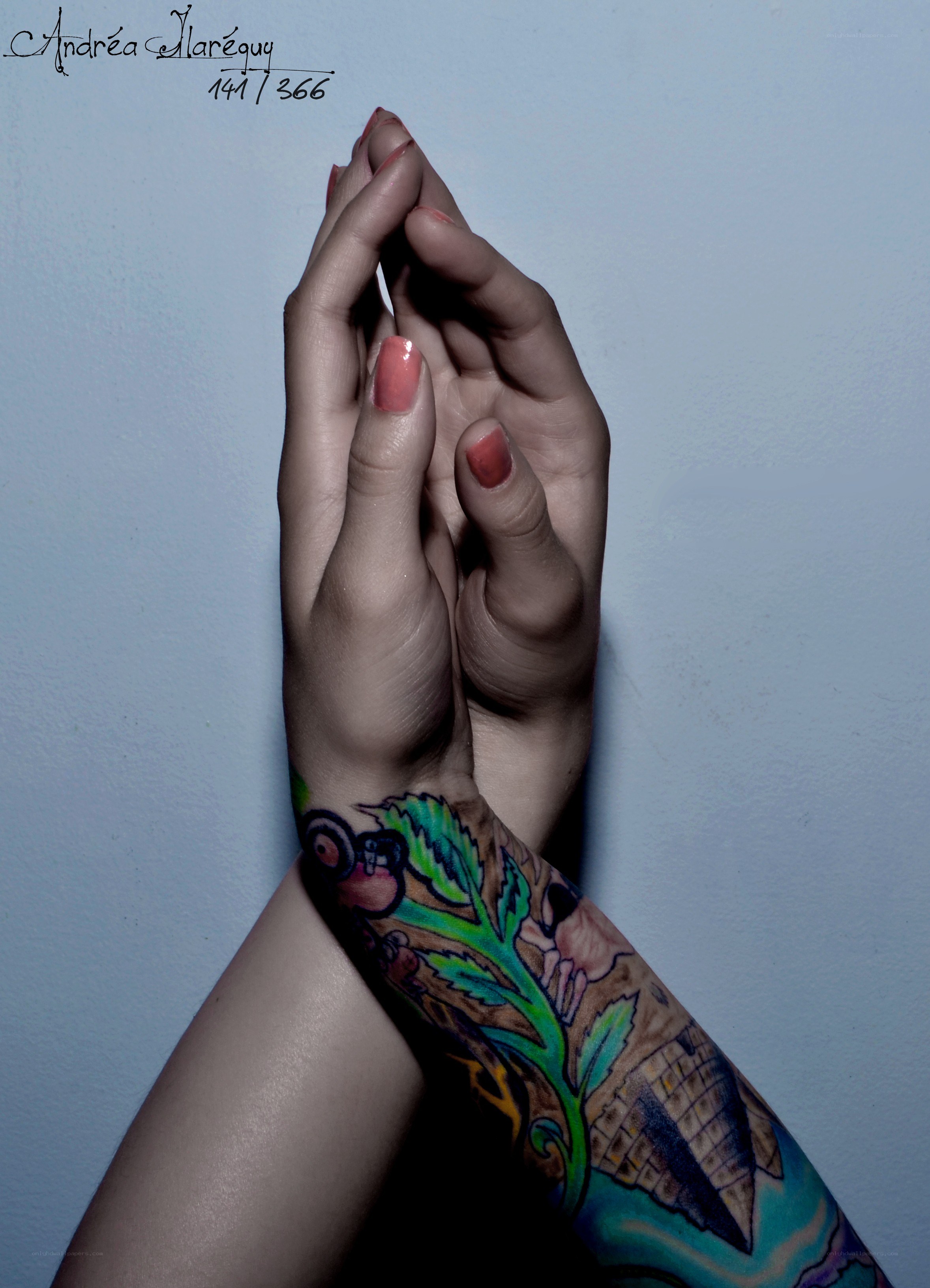 Hands with tattooed arm