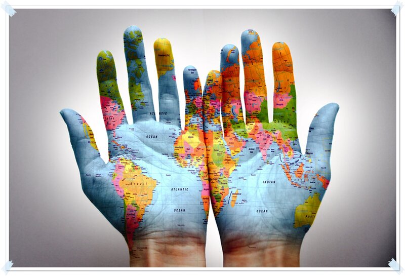 Hands with World Map — Blue, Neutral, Illustration