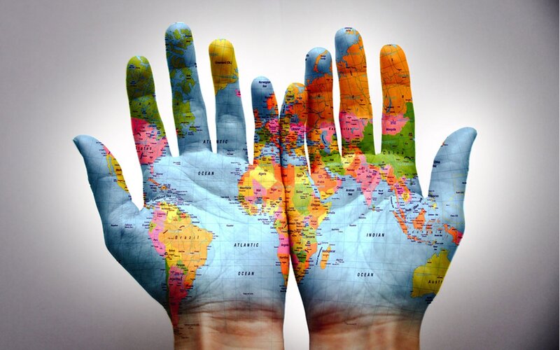 Hands with World Map — Blue, Neutral, Illustration, World Map, Oceans