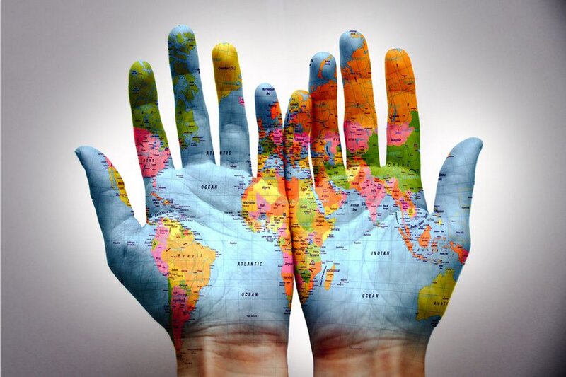 Hands with World Map — Blue, Neutral