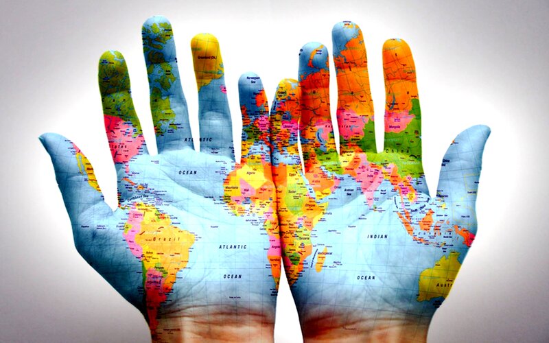Hands with World Map — Blue, Symbolic