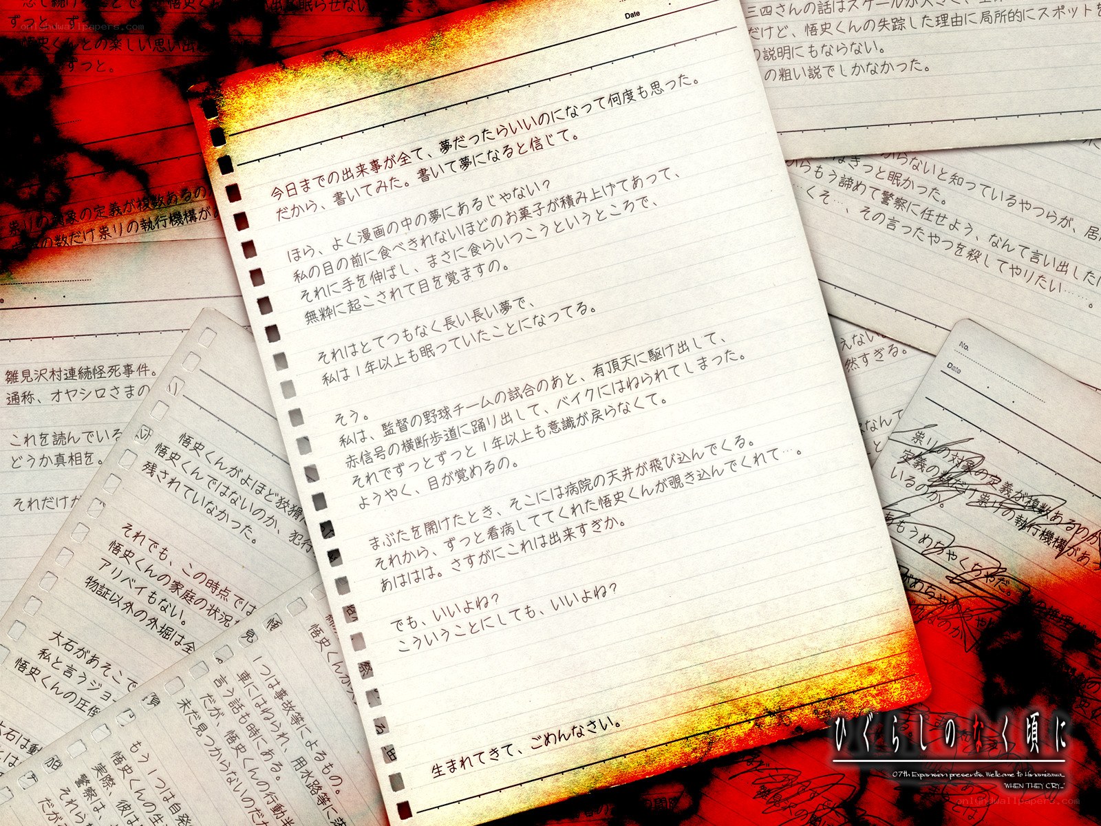 Handwritten notes with red stains