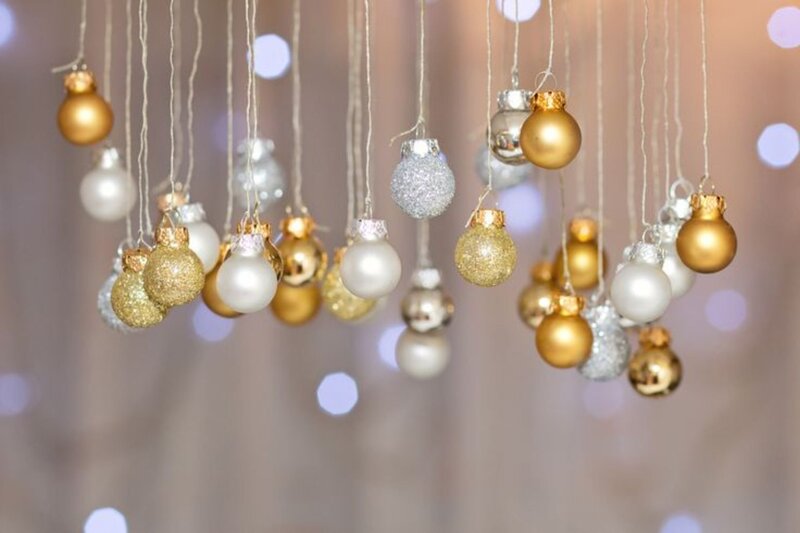 Hanging Christmas Ornaments — Gold, Festive, Winter, Photograph
