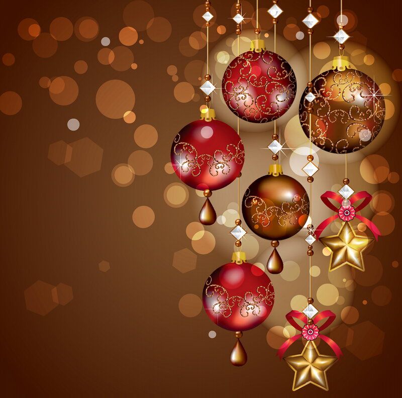 Hanging Christmas Ornaments — Red, Festive, Winter, Vector Art, Stars, Bows