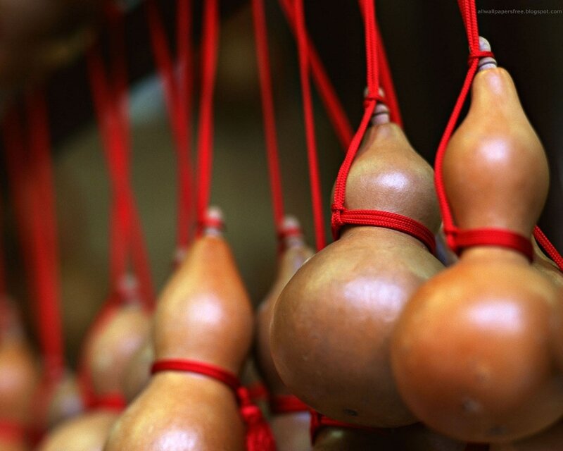 hanging gourds with red strings