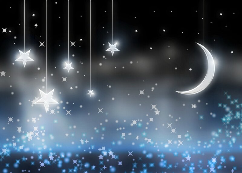 Hanging Stars and Moon — Black, Serene, Night